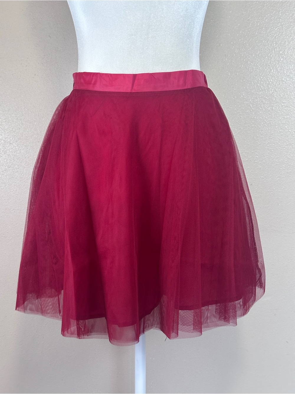 Women's Wine Tulle Mini Skirt with Satin Waistband